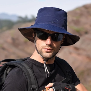 Navy blue outdoor sun hat with Sport embroidery and adjustable windproof strap