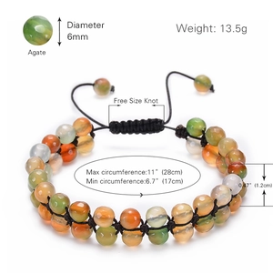 Bohemian double-layer woven Indian agate bead bracelet with adjustable cord, 6mm beads