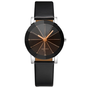 Minimalist quartz watch with rhombic texture dial and black leather strap for men