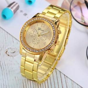 Women's Geneva gold steel watch with rhinestone bezel and three-dial luxury display