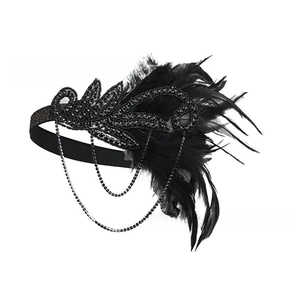 Détail du bandeau à plumes vintage 1920 avec paillettes et chaînes de strass tombantes