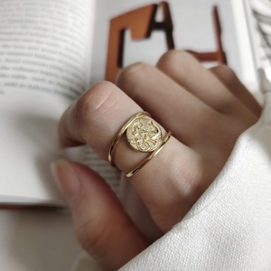 Minimalist double layer gold sterling silver ring with vintage coin portrait relief