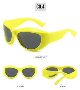 Vue sous trois angles de lunettes de soleil steampunk Y2K jaune fluo à verres gris