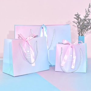 Gradient Pink Blue Gift Paper Bag With Satin Ribbon Bow White Cardboard Handbag For Wedding Birthday Party Packaging