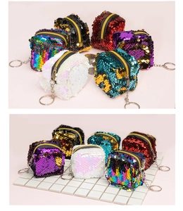 Mini cube sequin coin purse with double-sided flip sequins and metal keychain ring