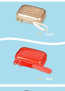 Detailed view of gold and red mini suitcase pouches with sturdy zippers and handles