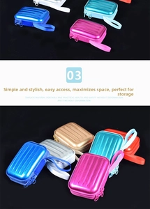 Close-up of colorful tinplate mini suitcase organizers with zippers and lanyards