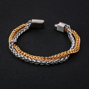 Titanium steel basket weave chain bracelet for men with two-tone gold and silver finish