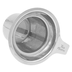 Stainless steel tea infuser with lid and handle featuring Tea Master engraving on white background