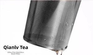Macro shot of 304 stainless steel tea infuser with ultra-fine mesh and water droplets