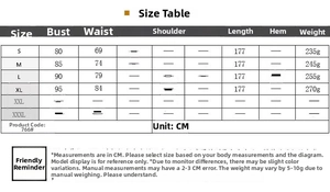 Detailed size chart for blue sequin evening dress with bust and waist measurements