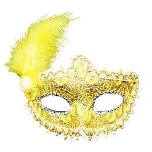 Yellow Venetian lace masquerade mask with golden sequins and fluffy feathers