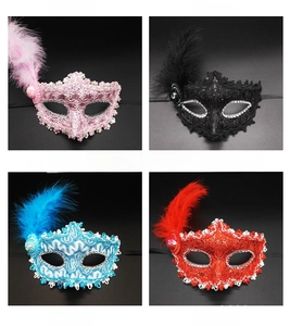 Detail view of colorful lace masquerade masks with feathers and sequins for parties
