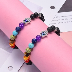 Hamsa Hand Lava Rock Bracelet with colorful 7 Chakra natural stone beads and Evil Eye charms
