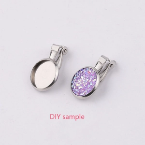 DIY stainless steel clip-on earring bases with purple rhinestone sample for non-pierced ears