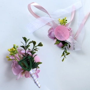 Champagne and white wedding boutonniere and wrist corsage set for bride and groom