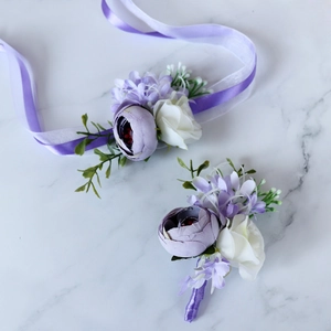 European wedding set with purple rose boutonniere and matching flower wrist corsage