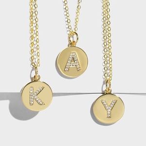 Initial Letter Round Disc Pendant Necklace Gold Plated Copper Zircon Inlaid Minimalist Dainty Jewelry Women Gift