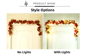 Detail of Christmas garland with red poinsettia flowers and LED lights for door decor