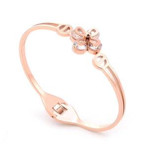 Rose gold clover flower bangle with hollow D-letter design and sparkling cubic zirconia