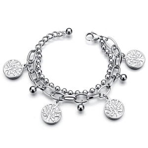 Double-layer stainless steel tree of life pendant bracelet with beads on white background