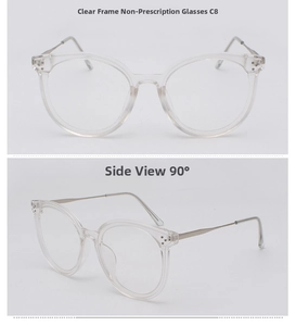 Detail view of transparent square frame glasses showing front and 90-degree side profile