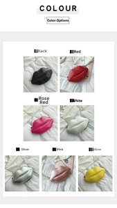 Lip-shaped crossbody bags displayed in seven colors with glossy finish and gold chains
