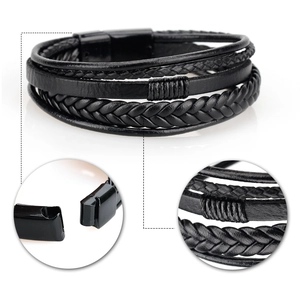 Men's multi-layer black braided leather bracelet with magnetic metal clasp on white background