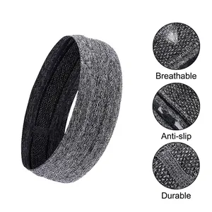 Grey elastic running headband with non-slip silicone strips and breathable knit texture