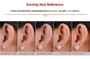 Size comparison chart for 925 silver pearl earrings from 6mm to 11mm on ear models