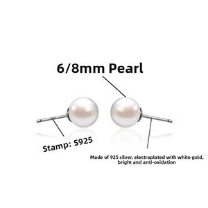 Detail view of 6mm and 8mm pearl earrings with S925 sterling silver pins and plating