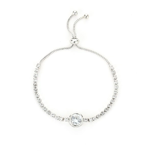 Adjustable silver chain bracelet detail with large round zircon and slider bead