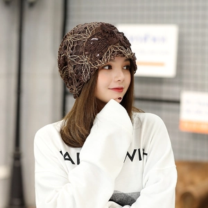 Brown lace beanies for women with flower embroidery and sequins for elegant daily wear