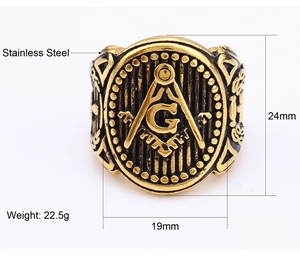 Gold stainless steel Masonic ring detail showing dimensions of 24mm height and 22.5g weight