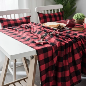 Red and black buffalo plaid cotton linen tablecloth set with matching pillow covers