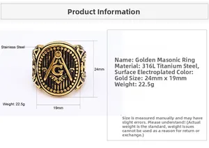Macro view of gold Freemason ring in 316L stainless steel with dimensions and weight