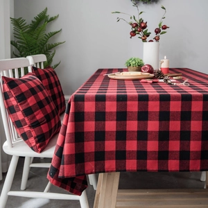 Classic red and black buffalo plaid cotton linen tablecloth with matching festive pillows