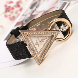 Women's quartz watch with triangle rhinestone case and glittery black matte strap