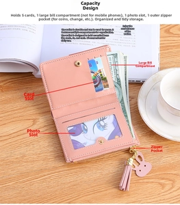 Pink PU leather wallet detail showing card slots, photo holder and tassel accessory