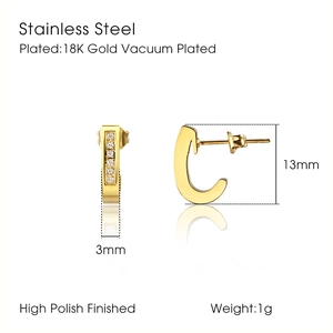 Detailed view of 18K gold plated stainless steel J-shaped earrings with cubic zirconia