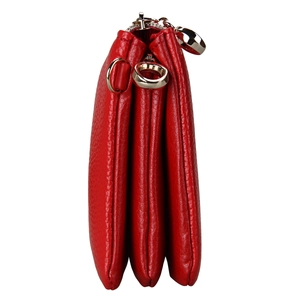 Red genuine leather crossbody bag with three-layer zipper design and gold metal ring