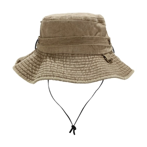 Detail of khaki outdoor bucket hat with breathable metal eyelets and adjustable wind cord