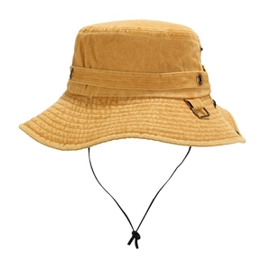Detail of washed canvas bucket hat in mustard yellow with metal eyelets and wind cord