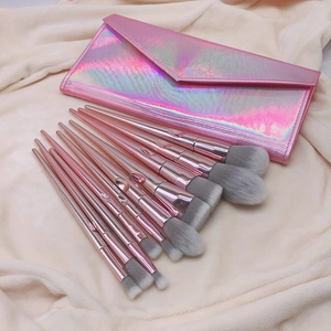 Professional Makeup Brushes Synthetic Fiber Bristles Rose Gold Metal Handles Holographic Storage Pouch Portable Beauty Tools