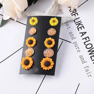 Sunflower resin stud earrings set with 5 pairs featuring glitter and daisy flower designs