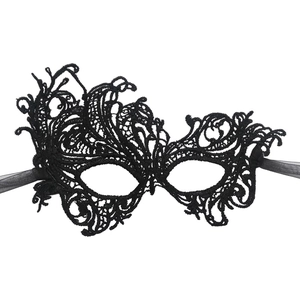 Elegant black hollow lace masquerade mask with intricate embroidery and silk ribbons
