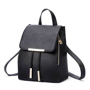 Chic black textured PU leather backpack for women with gold hardware and drawstring flap
