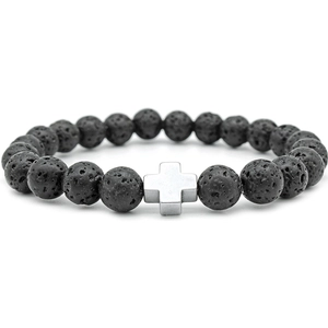 Natural black volcanic stone bracelet featuring a polished silver metal cross charm