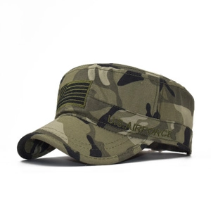 Detailed view of military camouflage flat top cap with U.S. Airforce embroidery design