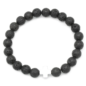 Close-up of black volcanic lava beads featuring a silver cross charm on a white background